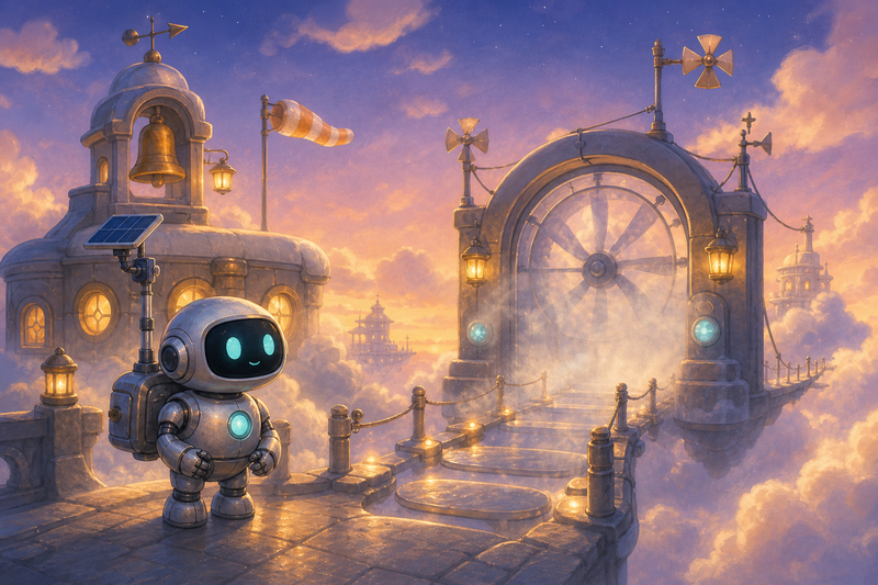 Lumi the small fully mechanical helper robot with a rounded silver body, black rounded-rectangle face screen, filled-in cyan eyes, a tiny expressive mouth, a soft chest light, a compact backpack power unit, and a telescoping solar mast standing beside a glowing fog gate and mist bridge on Cirrus Crown with warm lanterns, a bell tower, and soft clouds