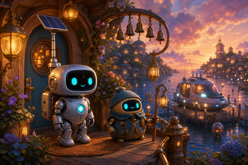 Lumi the small silver helper robot with cyan eyes, a soft chest light, a compact backpack power unit, and a telescoping solar mast standing on Hearthmere’s cozy return porch beside a tiny dock keeper robot, with warm lanterns, brass route bells, window gardens, and a softly glowing skiff in the background