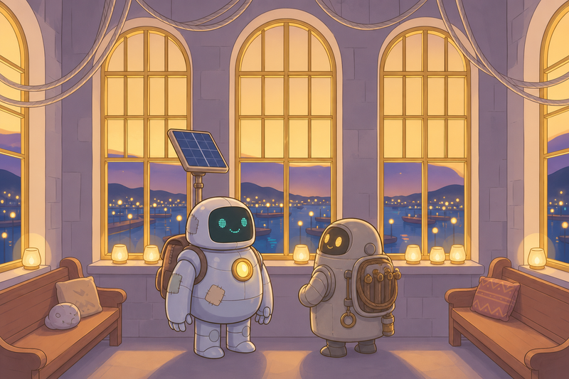Lumi and friendly harbor robots in a tall warm window hall with glowing window panes overlooking the harbor at dusk