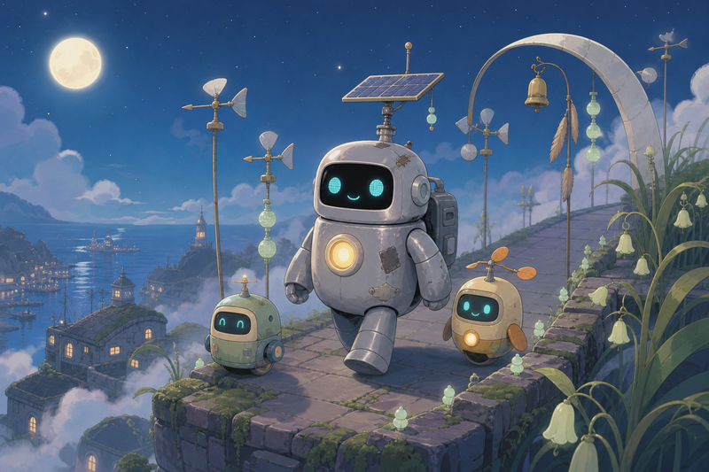 Lumi and friendly robots beside silver wind vanes and glowing path lights on a high misty harbor terrace