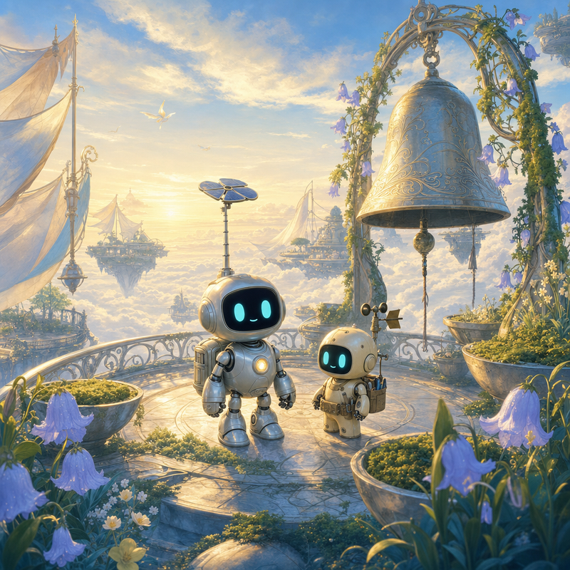 Lumi and a small keeper robot on a floating sky garden platform with a gentle lift bell, weather sails, misty railings, and soft cloud banks at dawn