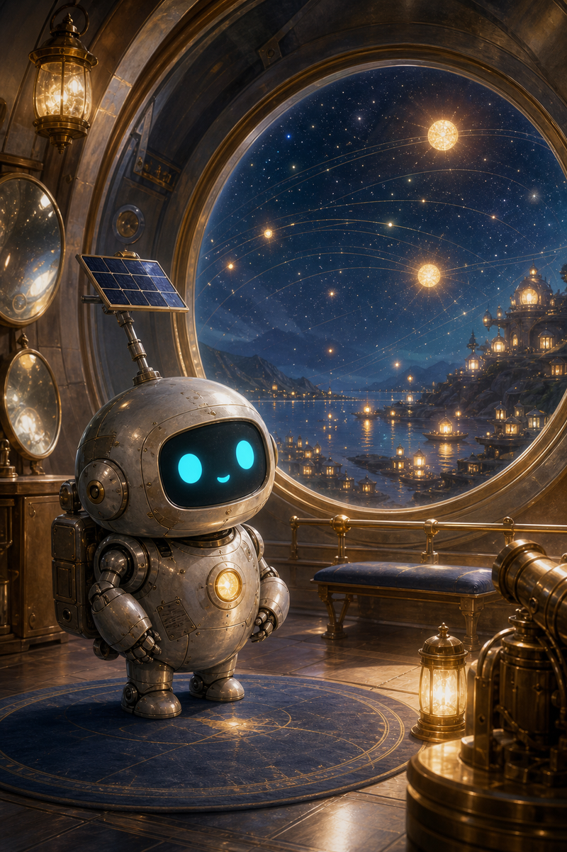 Lumi, a small fully mechanical helper robot with a rounded silver body, patched repairs, a black rounded-rectangle face screen, filled-in cyan-turquoise eyes, a tiny expressive mouth, a soft golden chest light, a compact backpack power unit, and a practical telescoping solar mast, standing inside a cozy Noctis Lantern observatory hall before a great round route window glowing with nearby little suns, harbor lights, silver star paths, polished moon mirrors, and warm lantern light