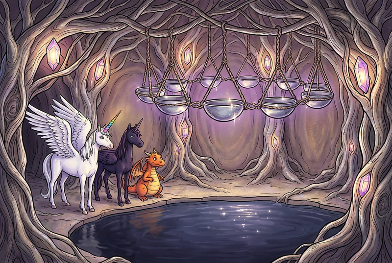 Luna the white alicorn with feathered wings and rainbow horn standing with Malara the dark alicorn and Ember the orange dragon in a glowing round chamber with a dark still pool, hanging silver bowls, violet-gold lantern lights, and silver roots