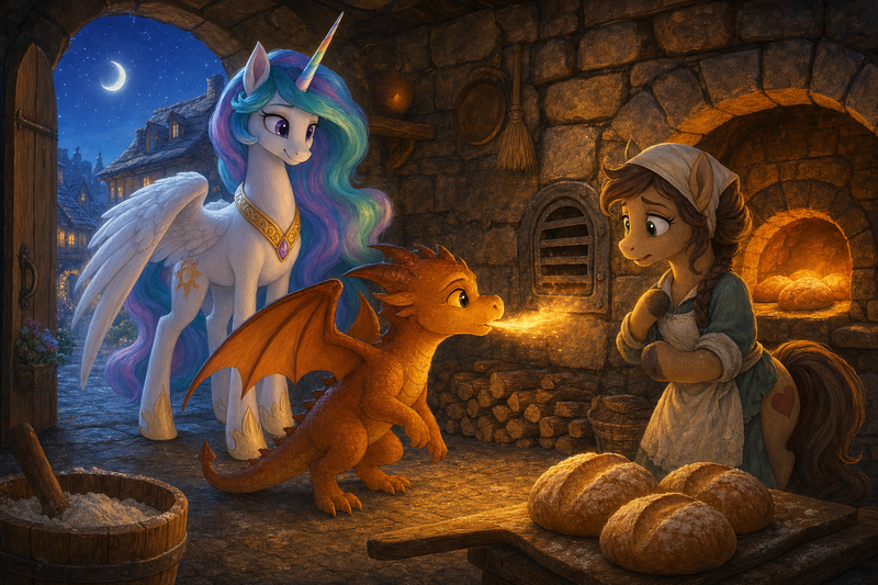 Luna the white alicorn with feathered wings and rainbow horn standing in the doorway of an old stone bakehouse with Ember the orange dragon warming an iron vent, a flour-dusted mare in an apron nearby, and round loaves glowing in hearthlight at dusk