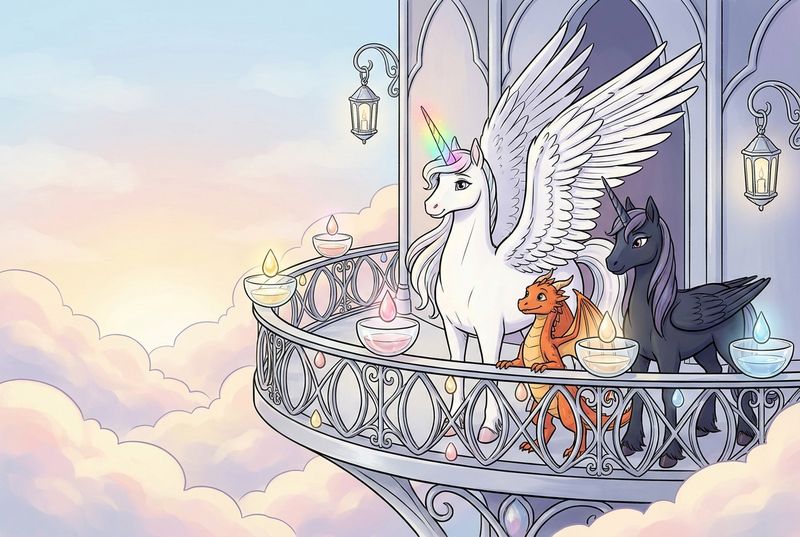 Luna the white alicorn with feathered wings and rainbow horn standing with Ember the orange dragon and Malara the dark alicorn on a silver balcony with moon-glass bowls filled with dawn-colored light above the clouds