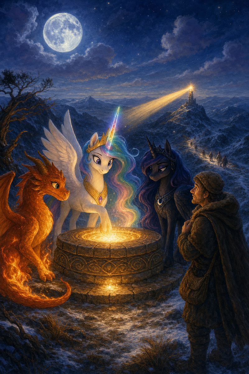 Luna the white alicorn with feathered wings and rainbow horn standing at a moonlit stone beacon hearth beside Ember the orange dragon and Malara the dark alicorn, while a wool-cloaked hill keeper watches the restored silver-gold fire shine across snowy ridges