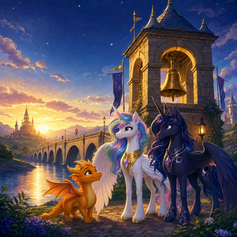 Luna the white alicorn with feathered wings and rainbow horn standing with Ember the orange dragon and Malara the dark alicorn beside an old stone bell tower on a bridge at twilight