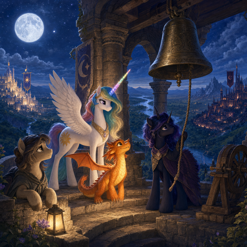 Luna the white alicorn with feathered wings and rainbow horn standing in a moonlit stone bell tower on a border hill, with Ember the orange dragon, Malara the dark alicorn, and a worried mare keeper beside a weathered bronze bell and rope