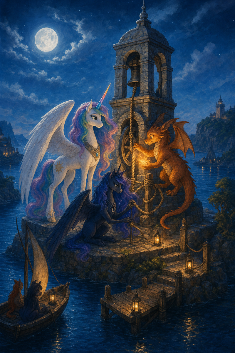 Luna the white alicorn with feathered wings and rainbow horn standing beside an old stone bell tower above a moonlit harbor, Ember the orange dragon warming the iron bell wheel, and Malara the dark alicorn studying the rope while warm lamp light glows below