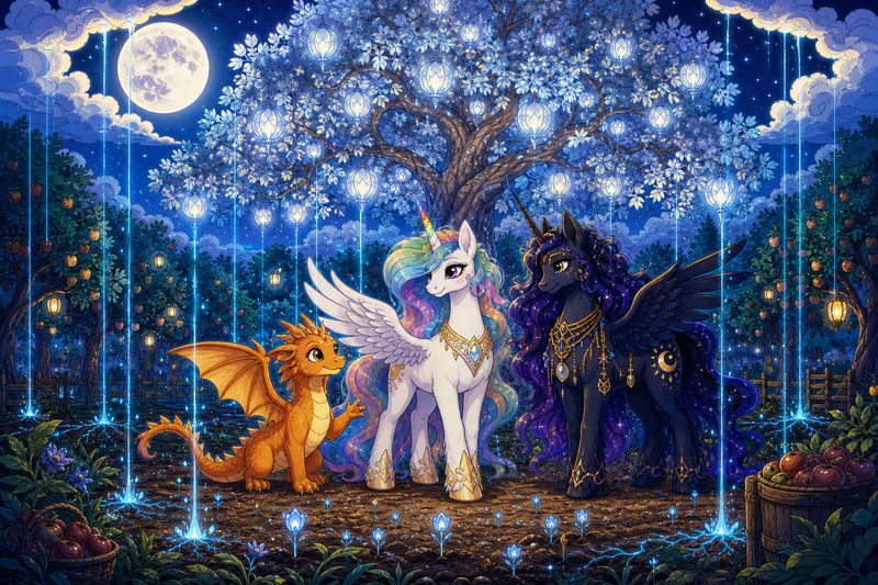 Luna the white alicorn with feathered wings and rainbow horn standing with Ember the orange dragon and Malara the dark alicorn beside glowing blue lantern roots returning from the clouds into a moonlit orchard