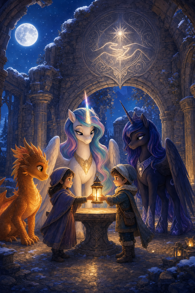 Luna the white alicorn with feathered wings and rainbow horn standing beside Ember the orange dragon and Malara the dark alicorn in a moonlit ruined border hall, while two village children offer a single glowing lantern together across a round stone table