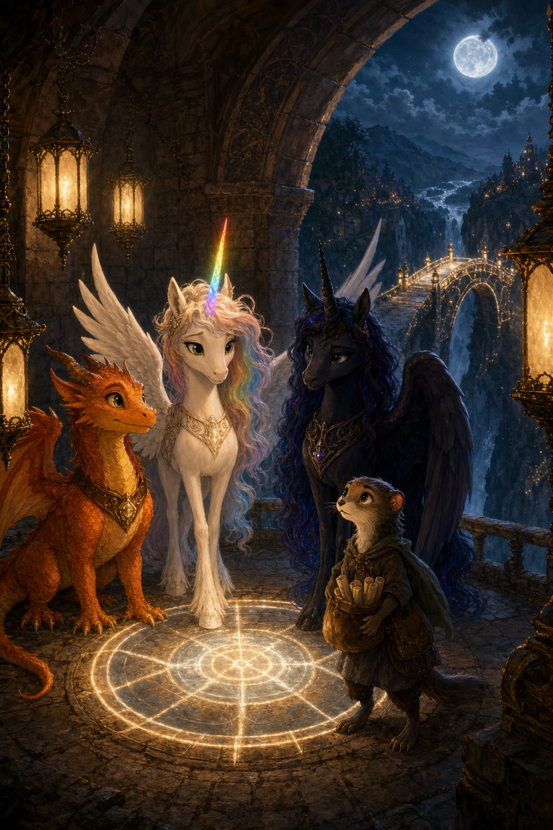 Luna the white alicorn with feathered wings and rainbow horn standing beside Ember the orange dragon and Malara the dark alicorn in a moonlit stone bridge house above a gorge, while a small stoat girl with a satchel watches an ancient balance stone glow with silver Accord light