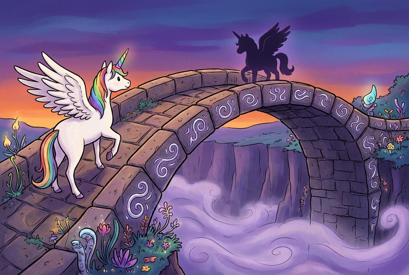 Luna the white alicorn with rainbow horn and feathered wings standing at one end of a glowing ancient stone bridge spanning a vast misty chasm, with a dark alicorn silhouetted at the bridge's center