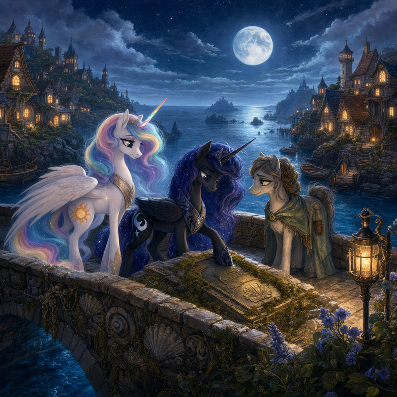 Luna the white alicorn with feathered wings and rainbow horn standing beside Malara the dark alicorn and a tired bridgekeeper mare at a moonlit stone bridge over tidal water between two small villages