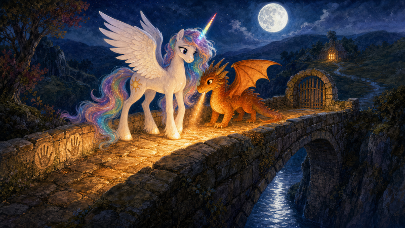 Luna the white alicorn with feathered wings and a rainbow horn stands with Ember the small orange dragon on an ancient moonlit stone bridge above a silver river in the Ember Marches