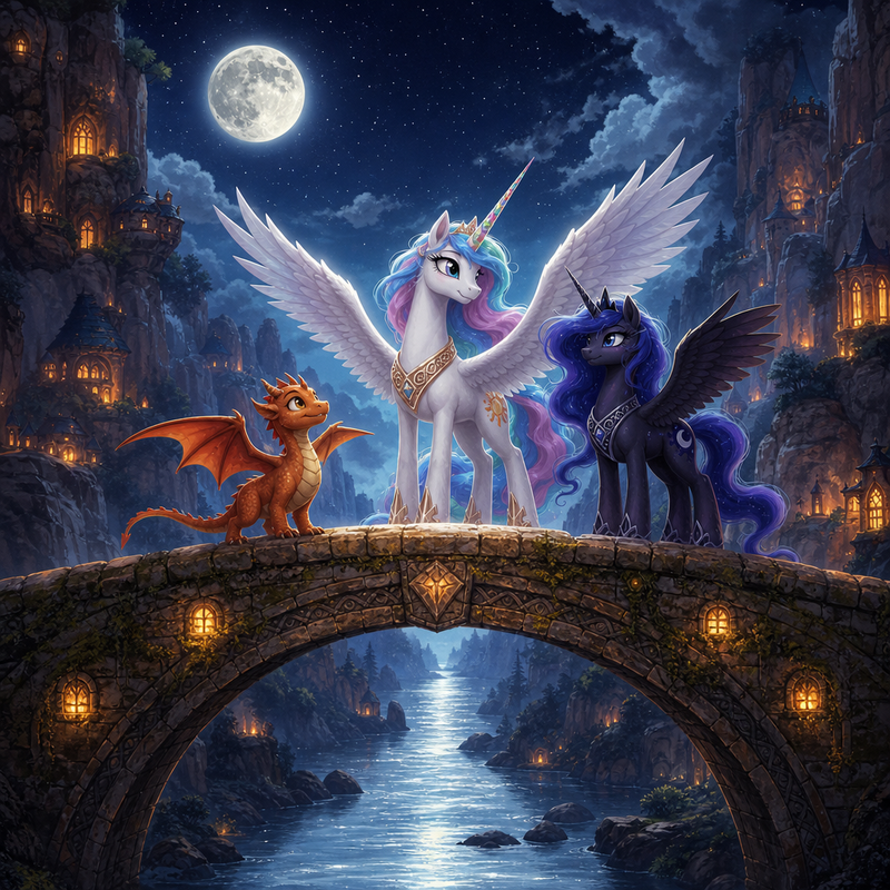 Luna the white alicorn with feathered wings and rainbow horn standing with Ember the orange dragon and Malara the dark alicorn on an old stone bridge over a silver river between warm hearth cliffs and misty listening shores
