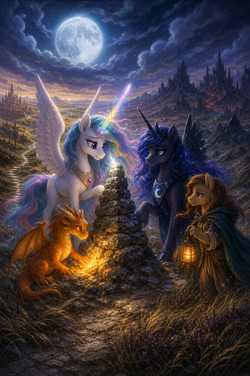 Luna the white alicorn with feathered wings and rainbow horn standing beside a border cairn on a windy moonlit moor, with Ember the orange dragon warming the stones, Malara the dark alicorn studying the line, and a weary mare keeper holding a lantern