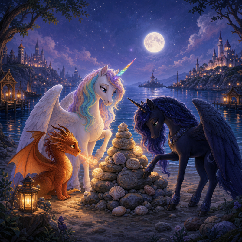 Luna the white alicorn with feathered wings and rainbow horn standing beside a tide cairn on a moonlit shoreline, with Ember the orange dragon, Malara the dark alicorn, and a mare keeper arranging name stones with the sea behind them