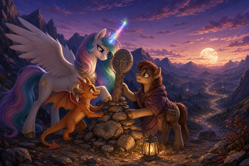 Luna the white alicorn with feathered wings and rainbow horn standing beside Ember the small orange dragon and a worried mare keeper at a moonlit mountain pass while they rebuild a stone cairn and mark a safe turn in the road