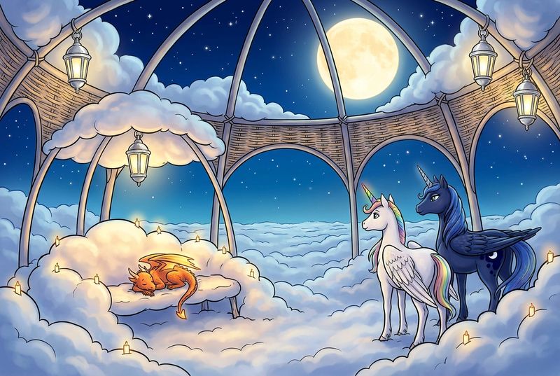 Luna the white alicorn with feathered wings and rainbow horn standing with Ember the orange dragon and Malara the dark alicorn beneath woven cloud canopies and silver lanterns above the clouds