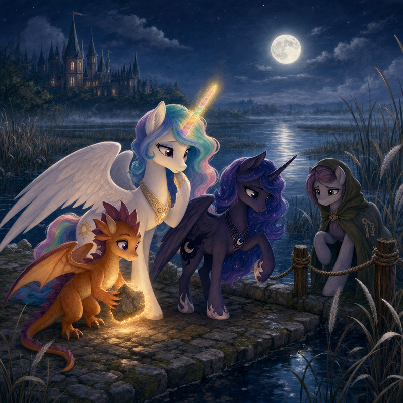 Luna the white alicorn with feathered wings and rainbow horn standing on a moonlit stone causeway over a marsh, with Ember the orange dragon warming a loose stone, Malara the dark alicorn studying the wet edge, and a worried mare keeper beside reeds and still water