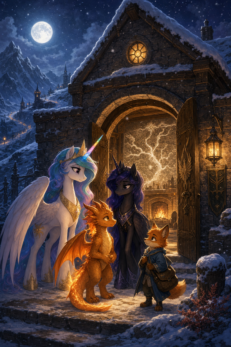 Luna the white alicorn with feathered wings and rainbow horn standing beside Ember the orange dragon and Malara the dark alicorn at a moonlit stone refuge house in the Ember Marches, while a small fox courier in a weather cloak holds a satchel near a glowing silver wall map and a newly kindled golden hearth