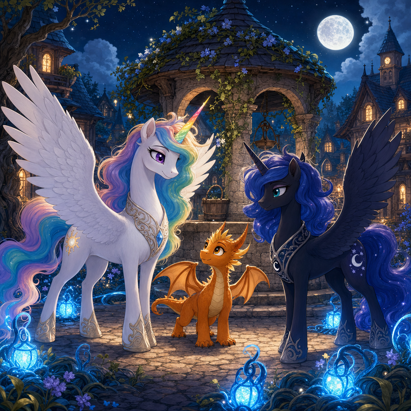Luna the white alicorn with feathered wings and rainbow horn standing with Ember the orange dragon and Malara the dark alicorn beside a moonlit stone circle and glowing blue lantern roots