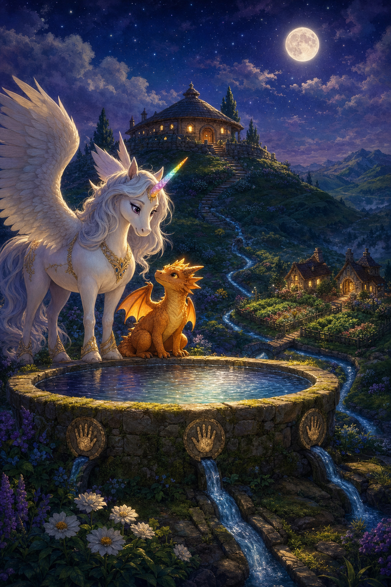 Luna the white alicorn with feathered wings and a rainbow horn stands with Ember the small orange dragon beside an ancient moonlit stone rain cistern in the Hearth Kingdom