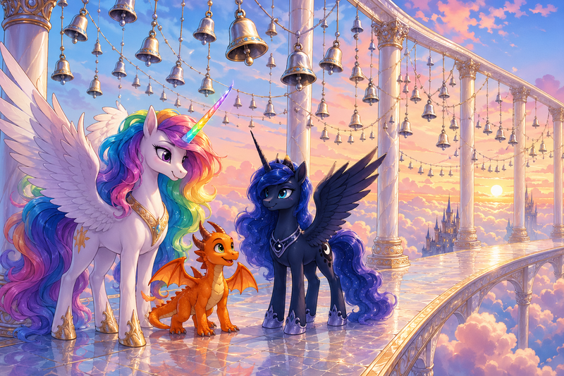 Luna the white alicorn with feathered wings and rainbow horn standing with Ember the orange dragon and Malara the dark alicorn in a pearl colonnade of tiny silver bells above the clouds