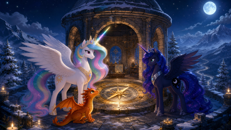 Luna the white alicorn with feathered wings and a rainbow horn stands with Ember the orange dragon and Malara the dark alicorn beside a moonlit stone compass house in a snowy mountain pass, where an old brass and silver compass glows toward a safe winding road