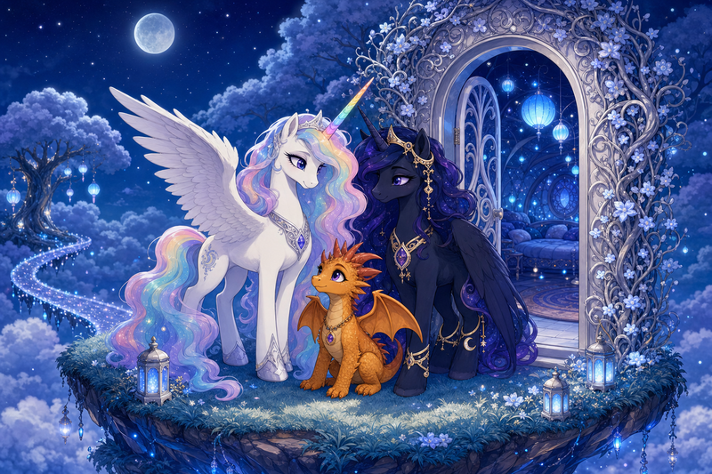 Luna the white alicorn with feathered wings and rainbow horn standing with Ember the orange dragon and Malara the dark alicorn before a silver doorway wrapped in sleeping vines and soft blue lanterns on a floating lantern-island above the clouds