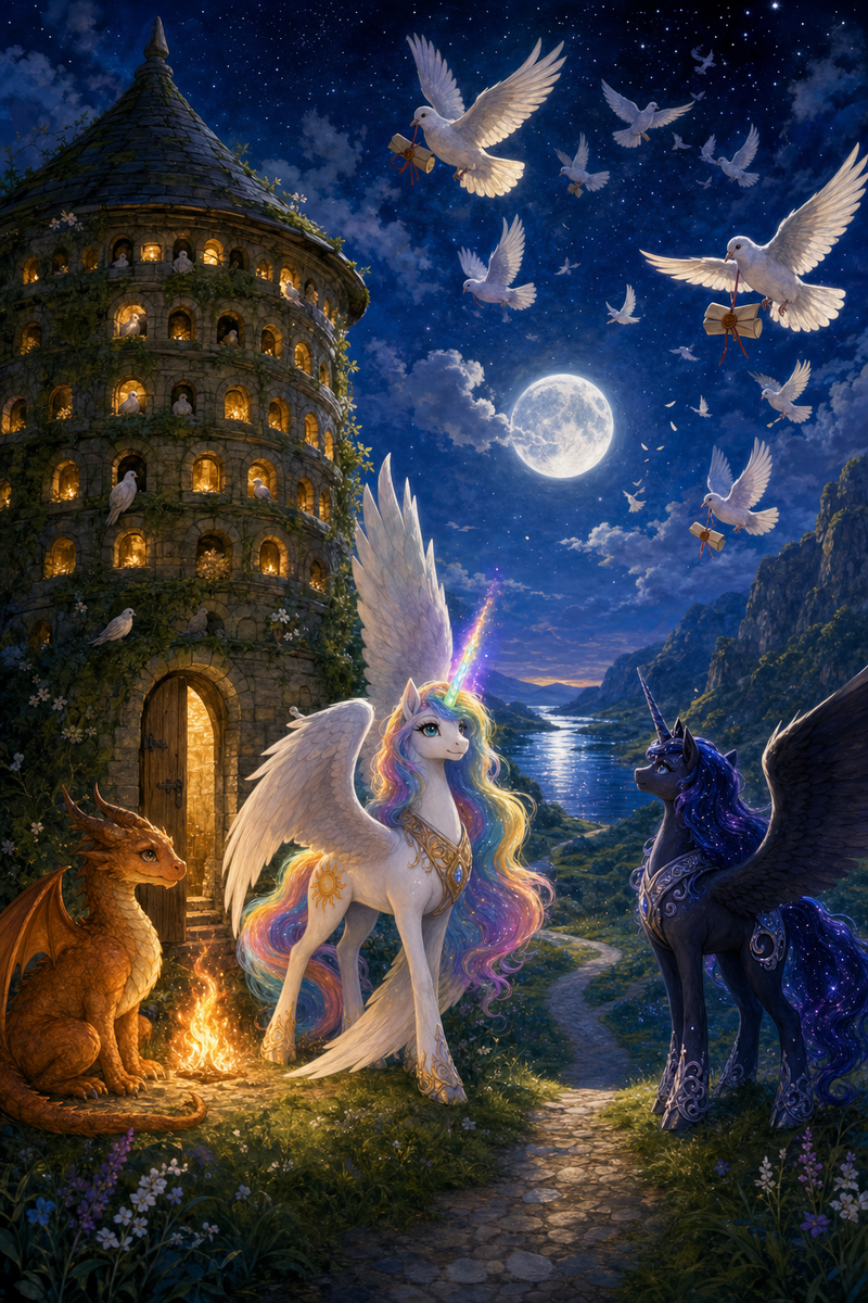 Luna the white alicorn with feathered wings and a rainbow horn stands with Ember the small orange dragon and Malara beside an ancient moonlit stone dovecote as pale messenger doves circle above a divided road