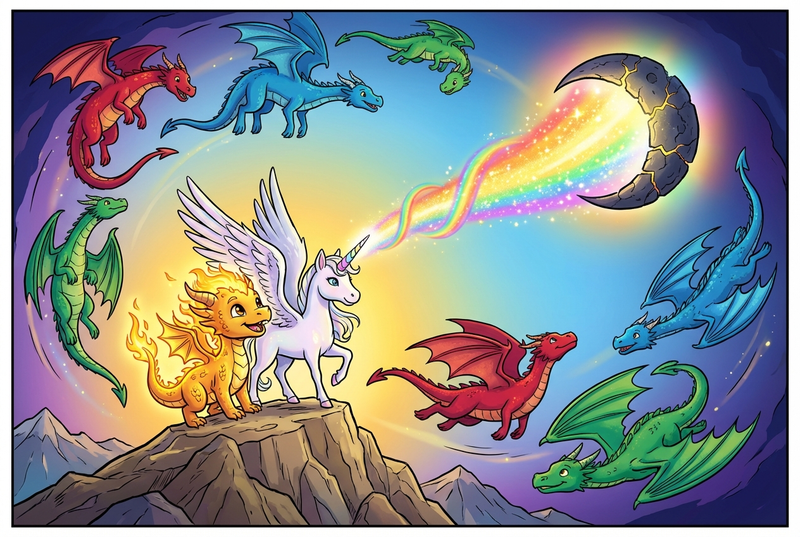 Ember the dragon glowing with true fire beside Luna