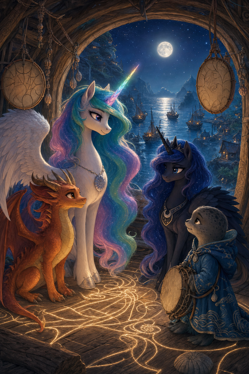 Luna the white alicorn with feathered wings and rainbow horn standing beside Ember the orange dragon and Malara the dark alicorn in a moonlit echo loft above the sea, while a small seal child in a blue tide-cloak stands near hanging shell drums and distant boats return through silver mist