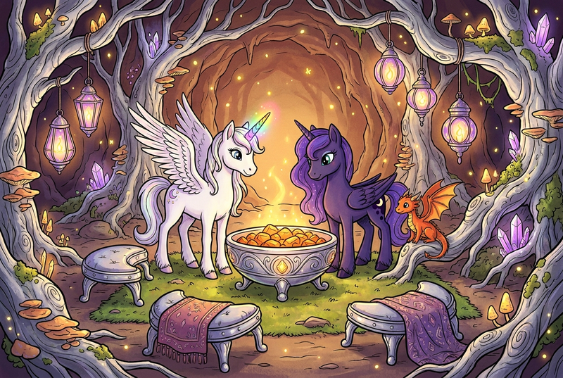 Luna the white alicorn with feathered wings and rainbow horn standing with Malara the dark alicorn and Ember the orange dragon in a round glowing chamber with a warm ember bowl, silver seats, soft violet-gold lantern lights, and silver roots