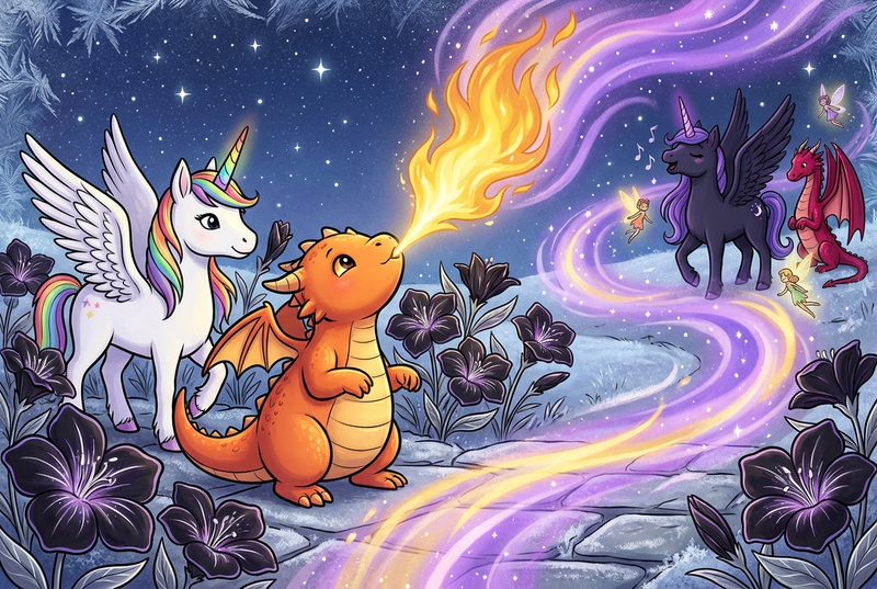 Luna the white alicorn with feathered wings and rainbow horn standing beside Ember the orange baby dragon who breathes golden fire into the night sky, with dark flowers glowing silver around them and a ring of creatures singing together under a frosty starlit sky