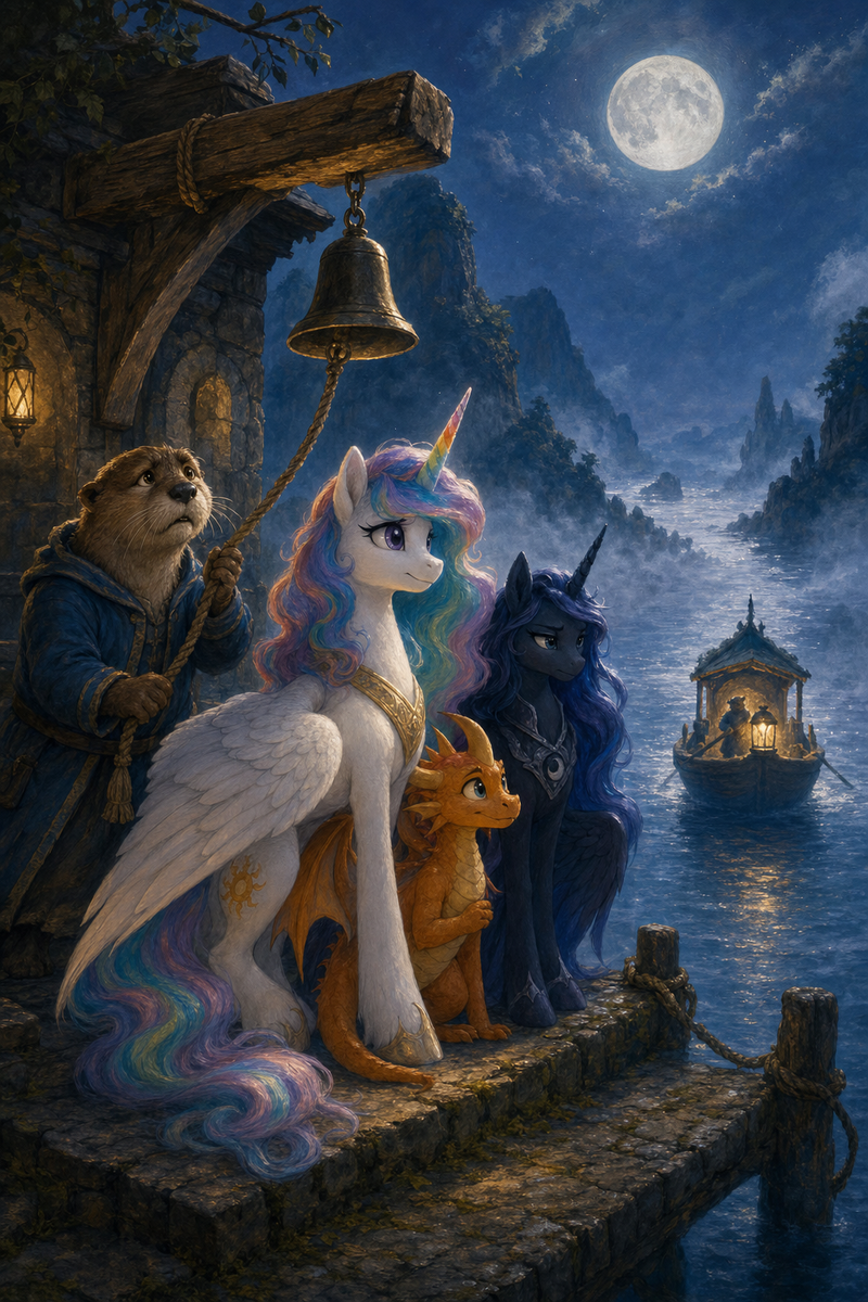 Luna the white alicorn with feathered wings and rainbow horn standing beside Ember the orange dragon and Malara the dark alicorn at a moonlit stone ferry house above silver misty water, while a worried otter keeper holds a rope bell near a small ferry boat