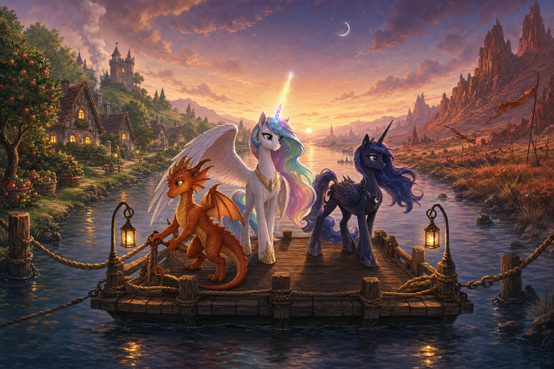 Luna the white alicorn with feathered wings and rainbow horn standing with Ember the orange dragon and Malara the dark alicorn on an old wooden river ferry at dusk, with warm lantern light on the water and two divided shores beyond