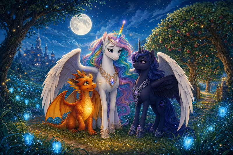 Luna the white alicorn with feathered wings and rainbow horn standing with Ember the orange dragon and Malara the dark alicorn in a moonlit meadow of tiny blue lantern sprouts