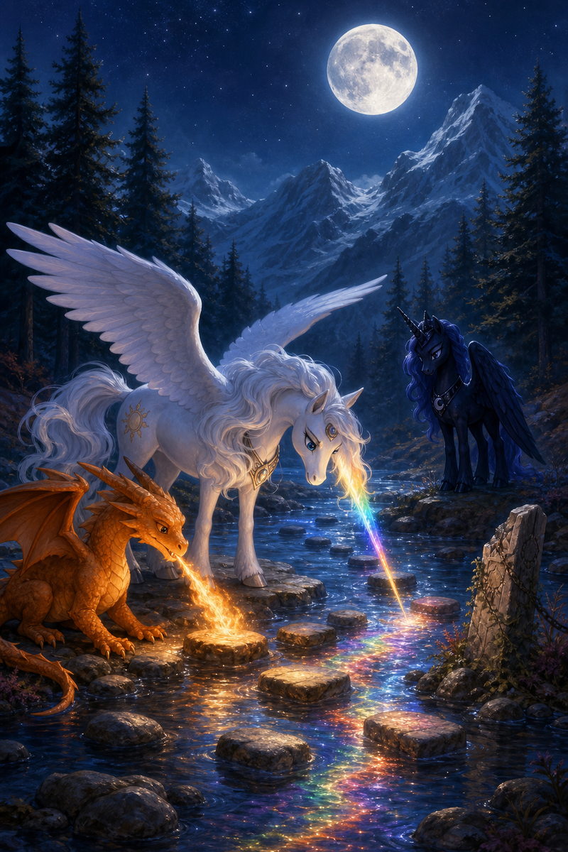 Luna the white alicorn with feathered wings and a rainbow horn stands at a moonlit stone ford with Ember the orange dragon and Malara the dark alicorn, as warm firelight and soft rainbow magic reveal a safe crossing through a mountain stream