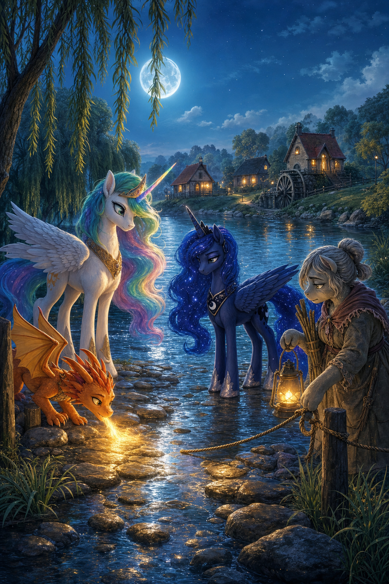 Luna the white alicorn with feathered wings and rainbow horn standing on a moonlit stone ford with Ember the orange dragon warming wet stones, Malara the dark alicorn studying the water, and a tired mare keeper beside the river