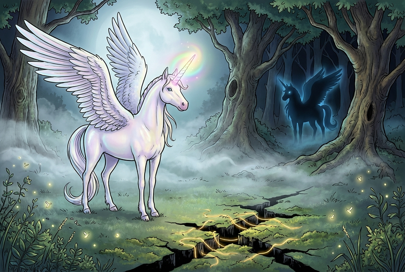 Luna the white alicorn with rainbow horn standing in a moonlit clearing, facing a swirling mass of black smoke while Malara watches from the shadows nearby