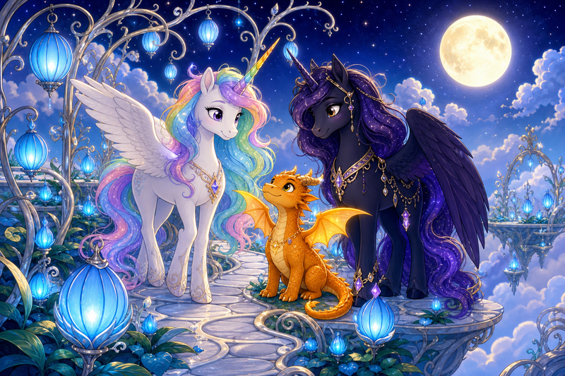 Luna the white alicorn with feathered wings and rainbow horn standing with Ember the orange dragon and Malara the dark alicorn in a moonlit garden of closed blue lantern buds above the clouds