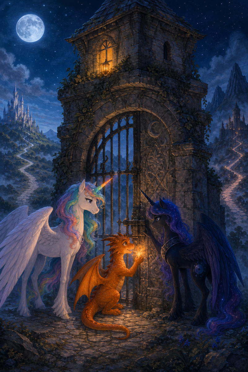 Luna the white alicorn with feathered wings and rainbow horn standing beside an old stone gate at dusk, with Ember the orange dragon warming a frozen hinge and Malara the dark alicorn studying the latch while moonlight and warm window light meet on a border road
