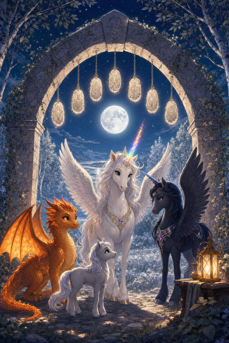Luna the white alicorn with feathered wings and rainbow horn standing at a moonlit stone border gate beside Ember the orange dragon, Malara the dark alicorn, and a small silver filly near hanging name-stones and a warm lantern