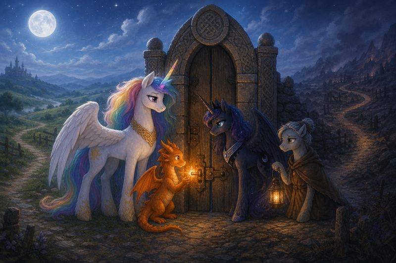 Luna the white alicorn with feathered wings and rainbow horn standing beside an ancient stone gate with Ember the orange dragon warming the iron latch, Malara the dark alicorn studying the lock, and a lantern-bearing gatekeeper mare in a moonlit border road