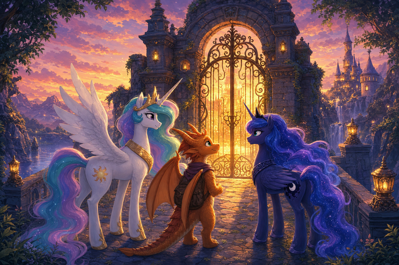 Luna the white alicorn with Ember the orange dragon and Malara the dark alicorn standing before an ancient glowing gate on a bridge at dusk