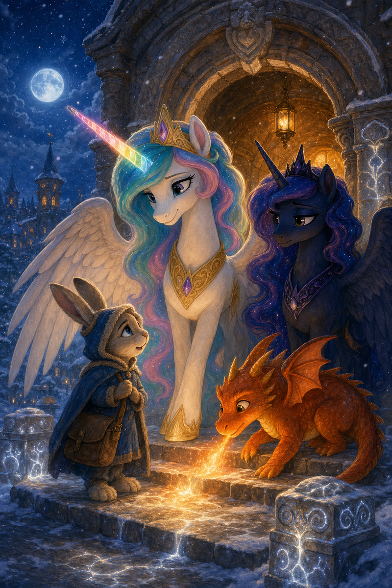 Luna the white alicorn with feathered wings and rainbow horn standing beside Ember the orange dragon and Malara the dark alicorn at a moonlit Hearth Kingdom gate porch, while a bundled rabbit child waits in the snow and old stone carvings glow with silver Accord light
