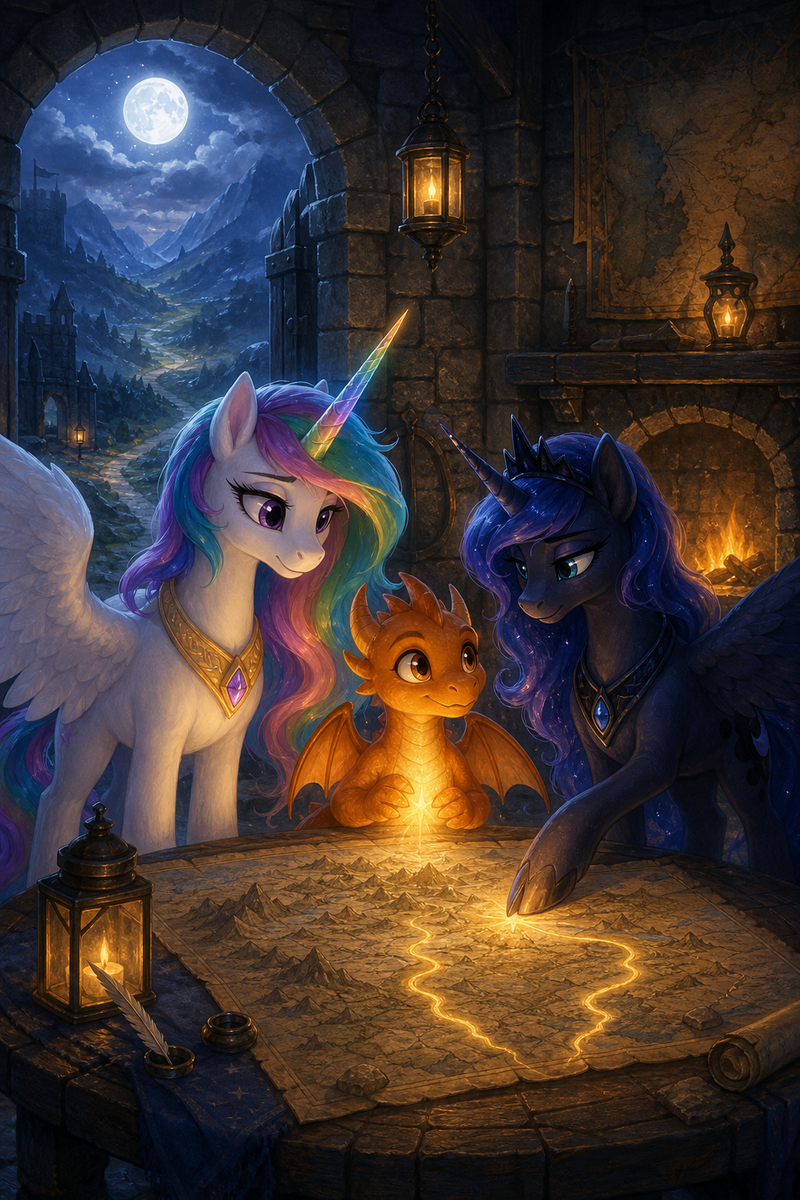 Luna the white alicorn with feathered wings and rainbow horn standing in a moonlit stone gatehouse beside Ember the orange dragon and Malara the dark alicorn, while an old wall map glows with a hidden road returning in warm silver light