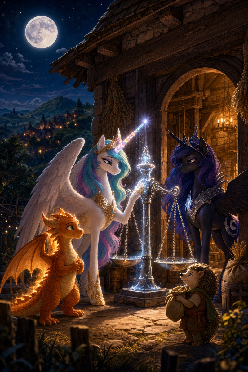 Luna the white alicorn with feathered wings and rainbow horn standing beside Ember the orange dragon and Malara the dark alicorn at a moonlit hilltop granary, while a glowing silver balance scale shines near a hopeful hedgehog child holding a small grain sack